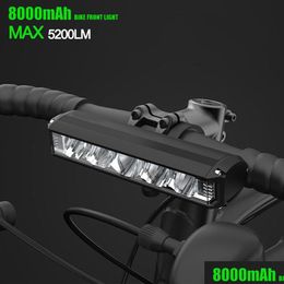 Lumières de vélo Lumière de vélo avant 5200Lumen LED 8000Mah Lampe de poche étanche VTT Vélo de route Accessoires de lampe rechargeable 230907 Drop Otbqi