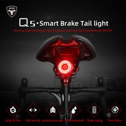 Luces de bicicleta Bicicleta Smart Auto Brake Sensing Light IPx6 Impermeable LED Carga Ciclismo Luz trasera Bicicleta Luz trasera Accesorios Q5 230824