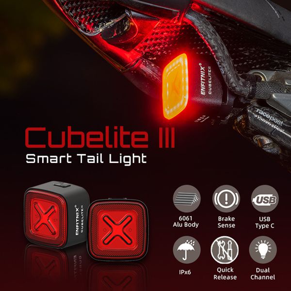 Lumières de vélo Enfitnix Cubelite III Feu arrière intelligent Avertissement de frein de vélo Ultra lumineux Charge USB arrière LED Nuit 230907