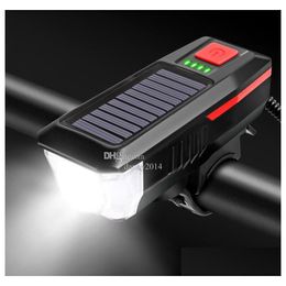 Fietsverlichting Led Solar Fietslicht Usb Oplaadbaar Voorzijde Met Hoorn Buiten Fietsen Hoofd Ip65 Waterdichte Lamp Drop Delivery Sport