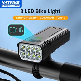Lumières de vélo NATFIRE 10000mAh Lumière de vélo avec indicateur de batterie numérique Ensemble rechargeable USB 8 lampe de poche LED 230907
