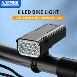 Fietsverlichting Natfire 8 LED Bike Light 10000-6400MAH USB Oplaadbare fietskoplamp Super Bright Flashlight Voorlichten en achterzijde Licht P230427