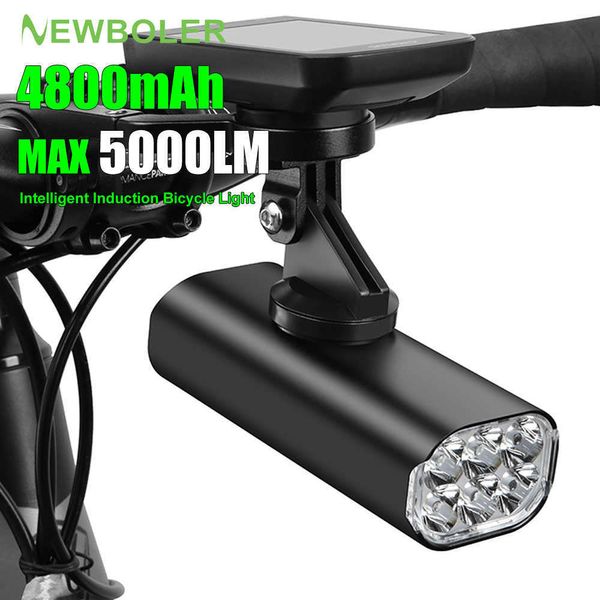 Luces para bicicleta NEWBOLER 5000LM Luz de bicicleta de inducción inteligente MTB Lámpara frontal USB recargable 6 LED 4800 mAh Luz de bicicleta Faro impermeable P230427