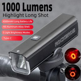 Luces de bicicleta Rockbros 1000lm Lámpara frontal de luz LED recargable 4500mAh Accesorios de faros impermeables 230815 230815