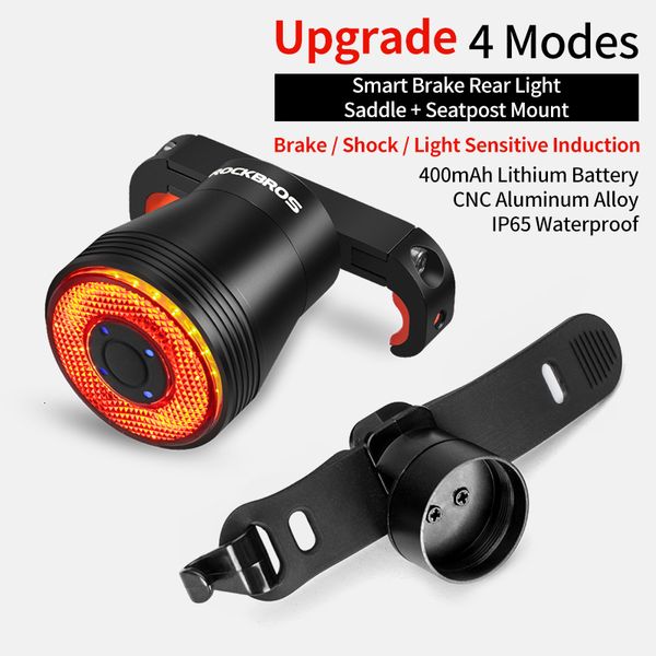 Lumières de vélo ROCKBROS Feu arrière de vélo 100Lumens 500mAH Capteur intelligent Frein Taillight Selle Tige de selle USB Avertissement Vélo 230607