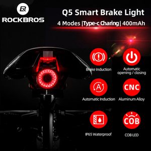 Lumières de vélo Rockbros Vélo Smart Auto Frein Détection IPx6 LED étanche Charge Cyclisme Feu arrière Accessoires Q5 230204