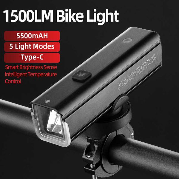 Lumières de vélo ROCKBROS Lumière avant de vélo 1500LM 5500mAH Batterie Lumière de vélo Aluminium Smart Sense Lampe LED Lampe de poche Phare de vélo P230427