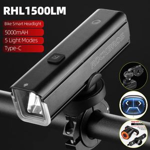 Fietsverlichting ROCKBROS Front Light 1500LM 5000mAh Batterij Fiets Aluminium Smart Sense LED Lamp Zaklamp Fietsen Koplamp 231009