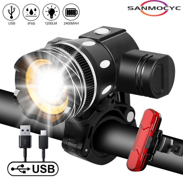 Lumières de vélo T6 LED feu avant de vélo lanterne rechargeable USB 2400 mAh pour Zoom phare de vélo lampe de poche de vélo accessoires de vélo VTT 230824
