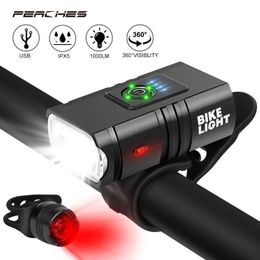 Fietslichten T6 LED -fietslichtset 10W 1000Lm USB oplaadbare stroomscherm Koplamp achterlicht Luz Bicicleta Accessories 230204