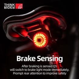 Fietslichten ThinkRider Cycling Taillight Bicycle Smart Auto Rem Sensing IPX6 Waterdichte LED -oplaads Aard 221201