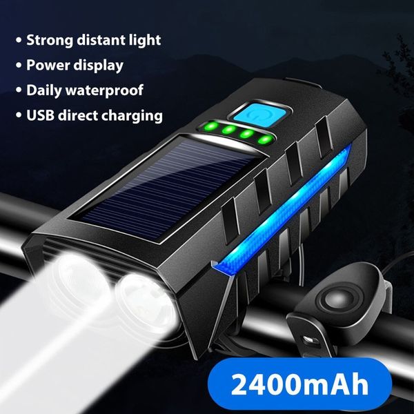 Lumières de vélo TLXT vélo solaire et cloche phare de route étanche 2400mAh lampe de poche rechargeable USB avec klaxon lound 130db 230823