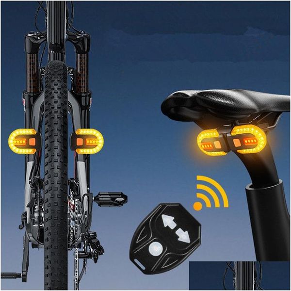 Luces de bicicleta USB Carga inalámbrica Control remoto Dirección Luz trasera Noche de montaña Equipo de advertencia de montaña 230925 Drop d Dhlva