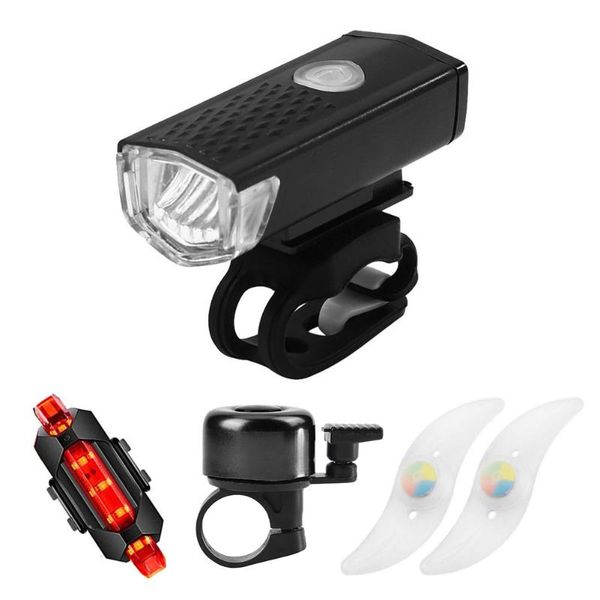 Luces de bicicleta Juego de luces recargables USB Bicicleta impermeable XPE LED Radios Faro Cola Ciclismo Seguridad Advertencia Linterna con campana