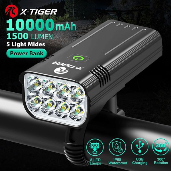 Luces para bicicleta X-TIGER Juego de luces para bicicleta Potente USB Recargable Brillante 10000 mAh Luces delanteras para bicicleta IPX5 Lámpara frontal impermeable Ciclismo 230904