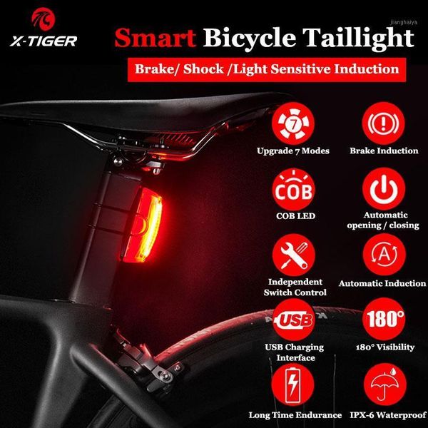 Luces de bicicleta X-TIGER Luz trasera de bicicleta inteligente Inicio automático / Detección de freno Carga USB IPx6 Luz trasera impermeable LED