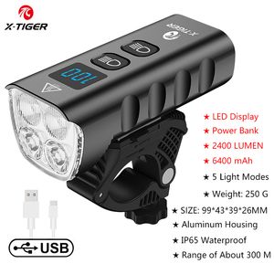 Bike Lights X TIGER Waterproof MTB Light Aluminum Alloy Road Cycling USB Rechargeable Headlight 2400 Lumens Bicycle Accessories 230925