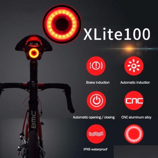 Luces de bicicleta Xlite100 Luz de bicicleta Arranque / Parada trasera Sensor de freno Ipx6 Impermeable LED Carga Ciclismo Linterna Luz trasera Drop Delive Dhkuw