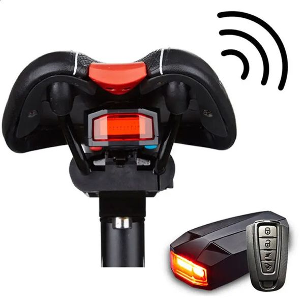 Cerraduras de bicicletas Bicicleta Luz trasera Alarma antirrobo Carga USB Control remoto inalámbrico LED Lámpara trasera Buscador de bicicletas Linterna Cuerno Sirena Advertencia 231214