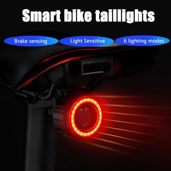 Bike arrière Smart LED Haling Light Failloir IPX5 Imperméable Micro USB Charge Smart Car Brake Capteur Accessoires