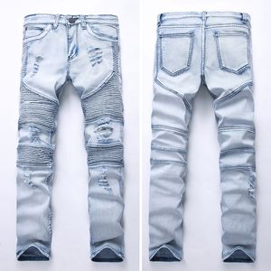 BIKER JEANS GD Hommes Jeans Drapés Printemps Automne Long Crayon Pantalon Trous Stretch Skinny Fit Slim Wear Vêtements Pantalon Poches Design