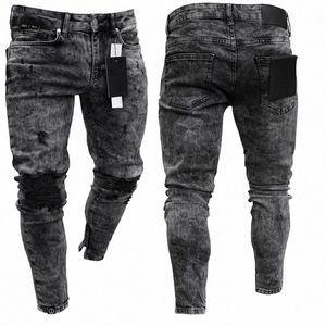 Biker Jeans Hommes Distred Stretch Ripped Biker Jeans Hommes Hip Hop Slim Fit Trous Punk Jeans Zipper Pure Color Denim Pantalon j4CJ #