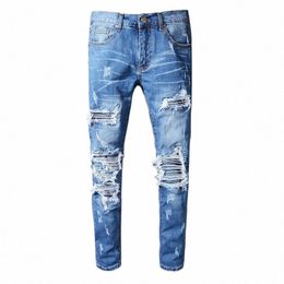 Biker Pant Jeans Homme Marque De Luxe High Street Skinny Jeans Heren Trend Blue Ripped Jean Stacked Jean Hole Spijkerbroeken Heren 84dc#