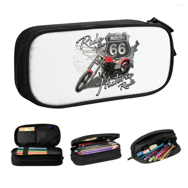 Cajas de lápiz de motociclistas para niña ruta de gran capacidad Route America Highway Motorcycle Pen Bag Box Accesorios escolares