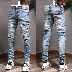 Biker Stretch Fit Design Denim Jeans Pour Hommes Slim Peint Patch Garniture Jambe Cowboy Pantalon Mâle C02N