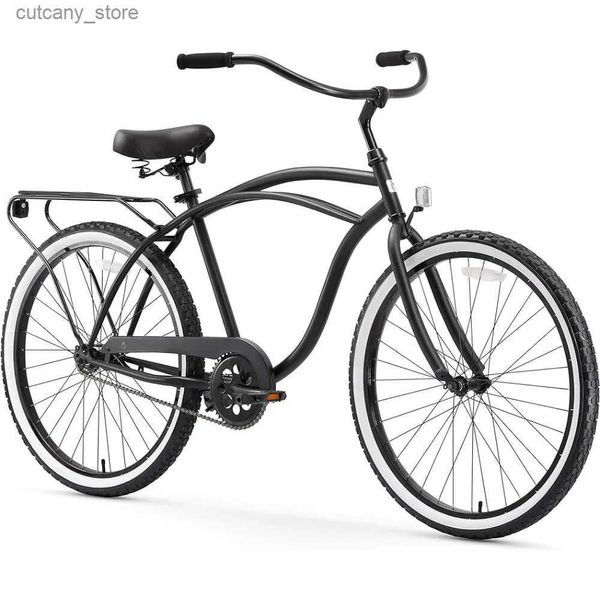 Bicicletas Ride-Ons Bicicleta de crucero de playa para hombre Sing Speed Step-Through Touring Bicicleta híbrida con portaequipajes trasero Ruedas de 26 pulgadas Negro mate L240319