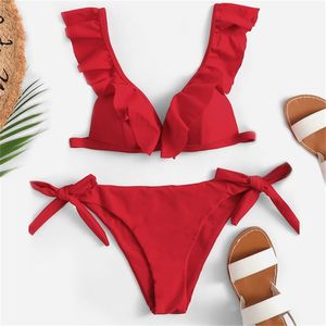 Bikini braziliaanse mujer zomer ruche badmode vrouwen rood wit zwart push up pads sexy badpak bandage tweedelige zwemkleding 210712