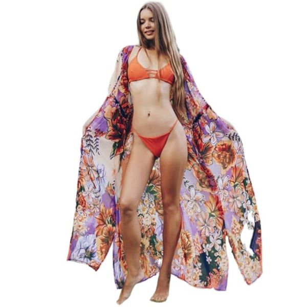 Bikini Cover-Ups Mousseline de soie Big Flower Print Loose Self-Cravate Women's Summer Kimono Dress Beach Wear Swim Suit Cover Up Casual Robes