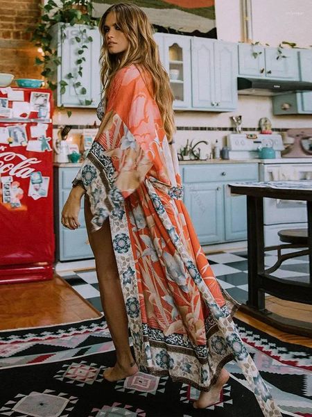 Bikini Cover-up Rose Boho Print Self Belted Front Open Long Kimono Robe Beach Tunic Women Swim Cople Up Up Q996