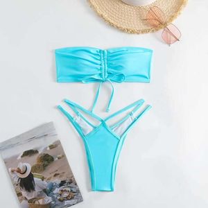 Bikini stevige kleur veter gesplitst zwempak voor vrouwen met backless veter bikini