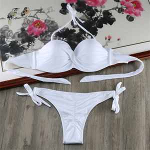 Bikini Sólido Tiras Vendaje Bikinis Set Blanco Push Up Bikini Traje de baño Bandeau Traje de baño brasileño Traje de baño Maillot de Bain T200114