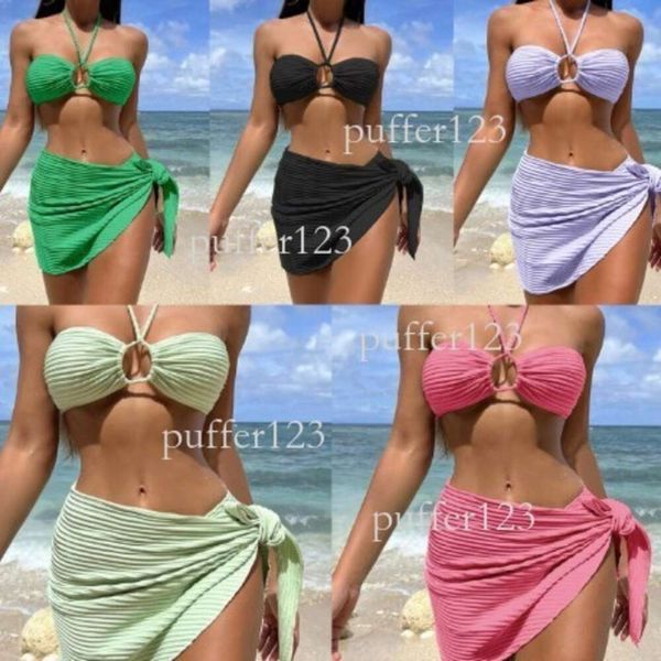 bikini traje de baño bikini diseñador traje de baño diseñador traje de baño Sexy falda de gasa de tres piezas Bikini cuello colgante traje de baño de color sólido