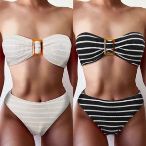 Bikini zwempak Dames sexy en modieus strapless zwart horizontaal gestreepte gedrukte split zwempak