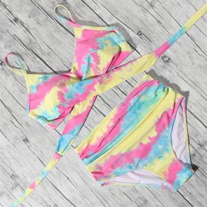 Bikini Tie Dye Gedrukte zwempak Dames Hoge taille Bikini Push Up Cross Bandage Swimwear Bathing Suit Women Meerdere kleur 210305
