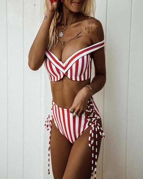 Bikinis 2020 femmes ensemble Push Up femme deux pièces maillot de bain rayé nager maillot de bain séparé brésilien Sexy maillot de bain rouge bleu4565577