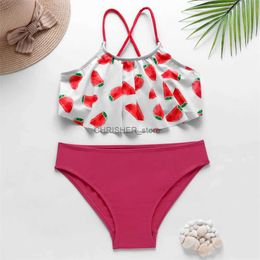 Ensemble de bikinis 5-14 ans à volants bébé enfant maillot de bain maillots de bain imprimé fraise enfants filles Bikini ensemble 2023 été plage enfant étudiant maillot de bain L231225