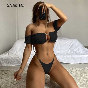 Bikinis ensemble GNIM Sexy évider solide Bikini maillots de bain femmes 2 pièces ensemble 2021 été Bandeau à manches courtes chaîne maillot de bain femme maillot de bain P230328