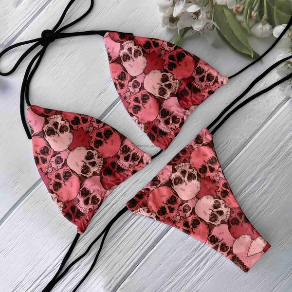 Ensemble de bikinis Nouveau ensemble de Bikini profond V dos nu taille basse Sexy motif de crâne imprimé maillot de bain plage surf vacances dames maillot de bain deux pièces SeL231225