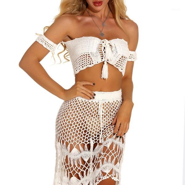 Bikinis Set Off Épaule Tricoté Crochet Crop Top Et Jupes Femmes 2 Pièces Été Bikini Beachwear Boho Lace Up Suit1