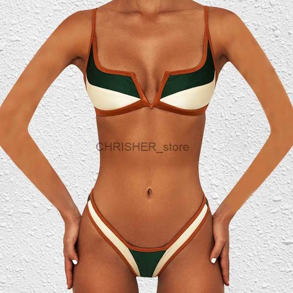 Bikinis Ensemble Vintage rétro Bikini Patchwork maillot de bain string brésilien Sexy maillots de bain femme 2023 nouvel été Micro V-bar vert maillots de bainL231225