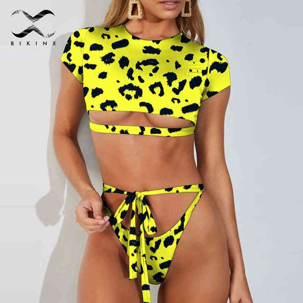 Bikinx Crop Top Leopard Bikini Set T-shirt Bandage Femme Maillot de bain 2021 Hollow Out Maillot de bain Femmes Sexy String Maillots de bain Bain X0522