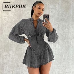 Bikpiik noodlijdende sexy dames playsuits mode grijze zipper mini culotte clubkleding rompers uniek casual overalls verjaardagsfeestje 240429