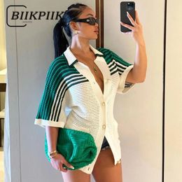 Bikpiik Fashion Stripe Applique Long Tee Bouton Sexy Womens Flip Collar Slim Knited Street Clothing Ultra Min Set 240426