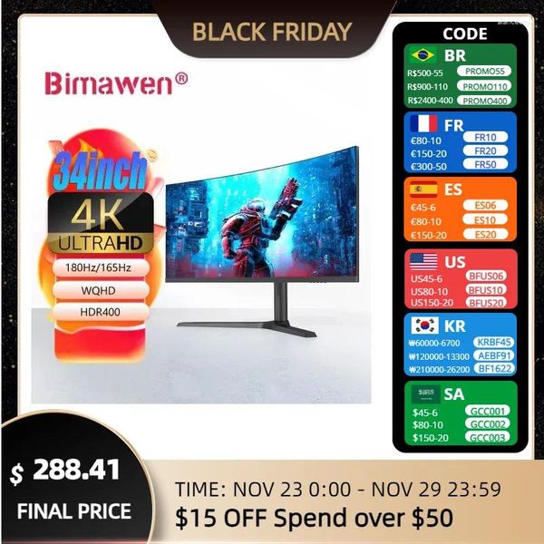 Bimawen 34 pouces 4k 180Hz moniteur incurvé ultra-large WQHD Gaming 3440X1440 R1500 21:9 LED écran d'ordinateur DP/HDMI