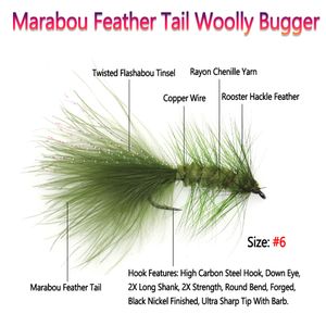 Bimoo 5pcs #6 Marabou Feather Tail Woolly Bugger Natte snel zinken streamer Fly Steelhead Forel Fishing Lures Baits