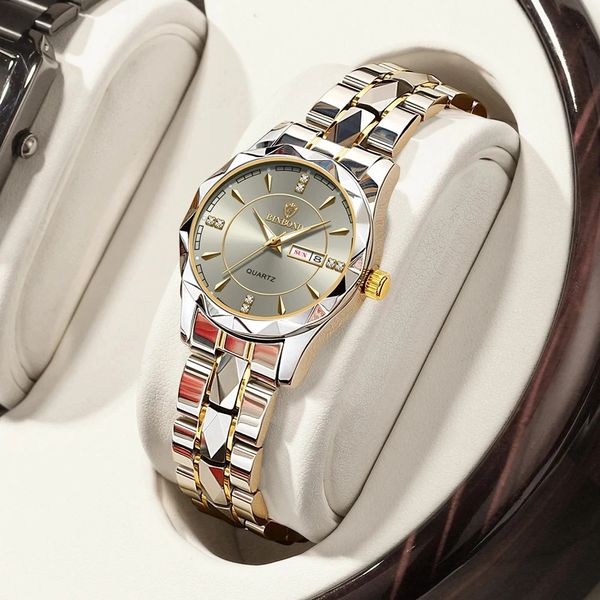Binbond Japan Quartz Movement Golden Watches Women Top Brand Luxury Luxury Sweet en acier inoxydable Date de la semaine Reloj Hombre 240409